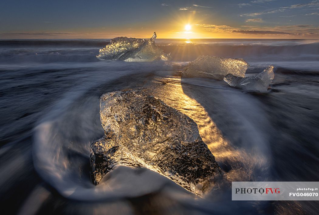 Diamond beach, ice formations on the volcanic shore at Jokulsarlon lagoon, Iceland, Europe